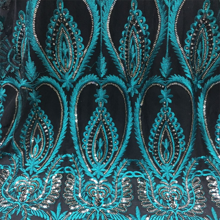 Boutique lace embroidery fabric high-end green with sequin embroidery dress mesh MF66