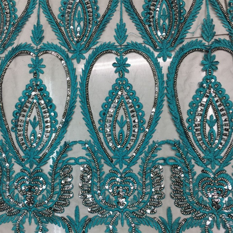 Boutique lace embroidery fabric high-end green with sequin embroidery dress mesh MF66