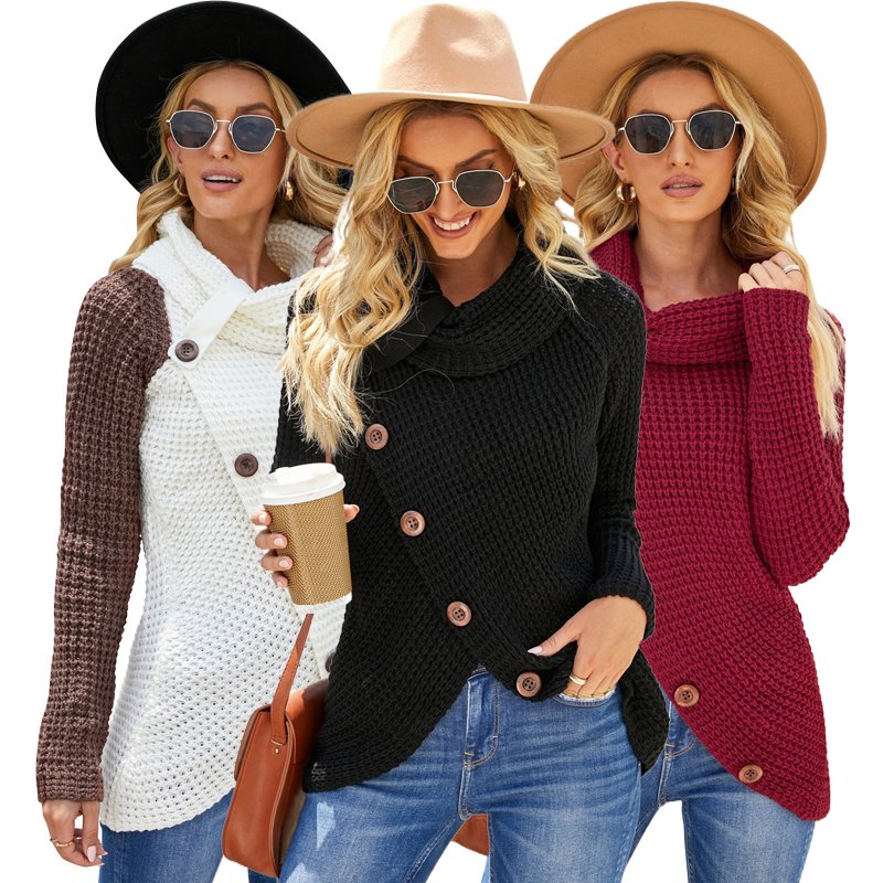 Custom OEM Winter Ladies Heather Gray Buttoned Wrap Turtleneck Women Sweater
