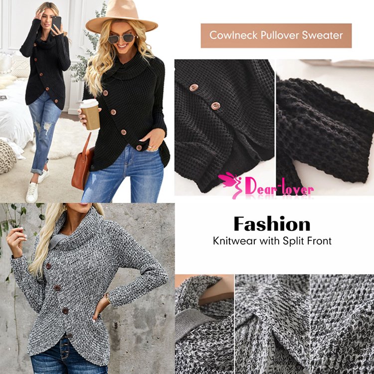 Custom OEM Winter Ladies Heather Gray Buttoned Wrap Turtleneck Women Sweater