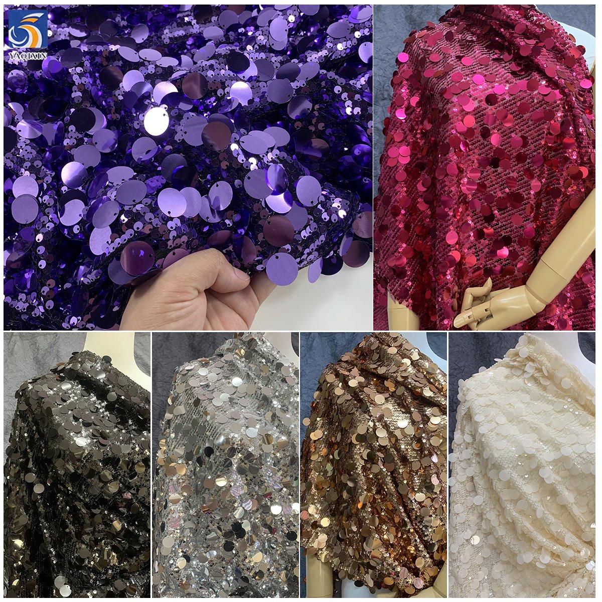 YX450 Wedding Stage Dress 5MM Overlapping Sequins Mesh Embroidery Fabric New 18MM Large Silver Sequin Fabric