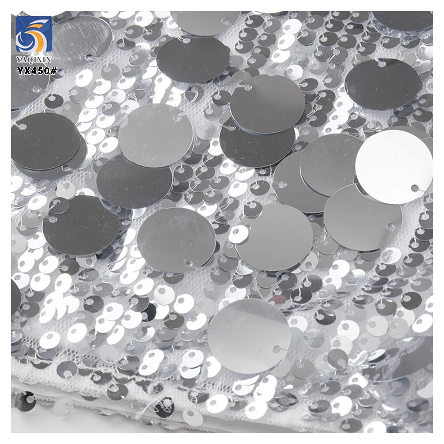 YX450 Wedding Stage Dress 5MM Overlapping Sequins Mesh Embroidery Fabric New 18MM Large Silver Sequin Fabric