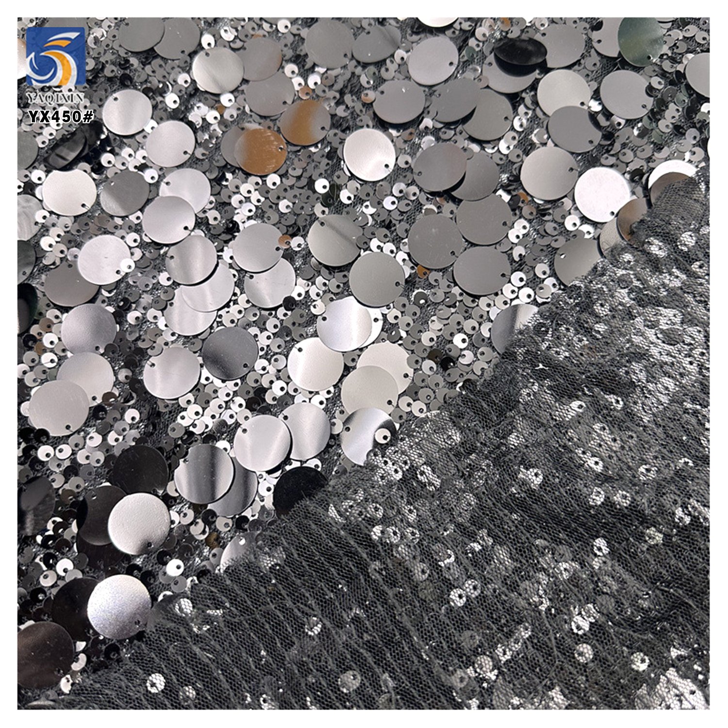 YX450 Wedding Stage Dress 5MM Overlapping Sequins Mesh Embroidery Fabric New 18MM Large Silver Sequin Fabric