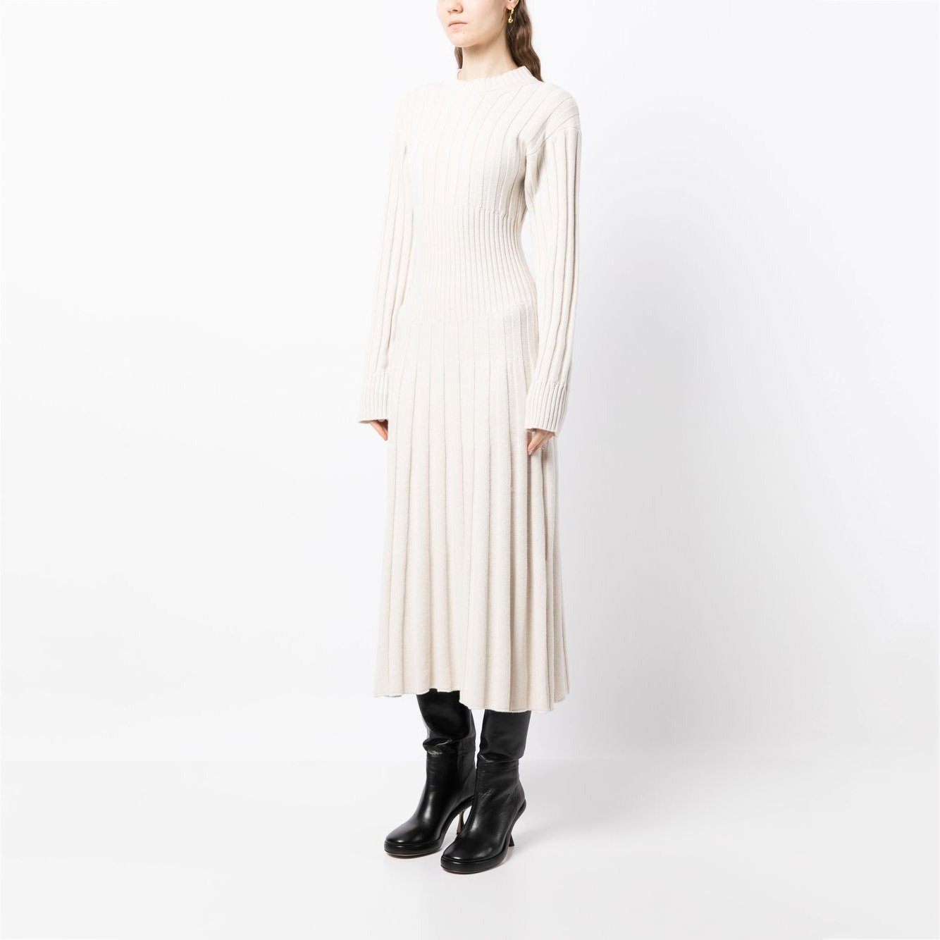 Knitwear Manufacturer Custom Knit Sweater dresses women lady elegant Long Sleeve Maxi White Ribbed Knit Sweater Dress Women