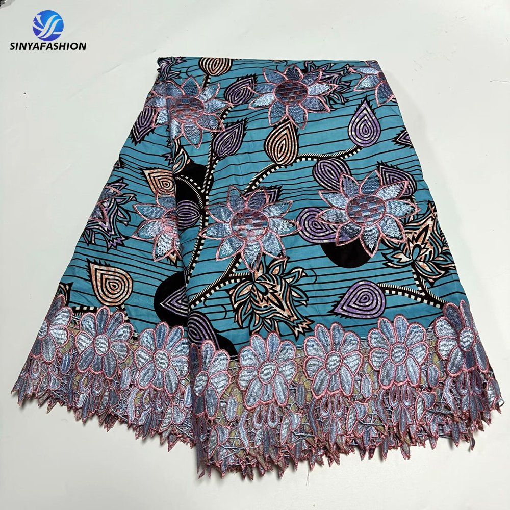Sinya Wholesale Embroidery Guipure Cord Lace With Ankara Wax Prints Fabrics African 6 Yards/Pcs