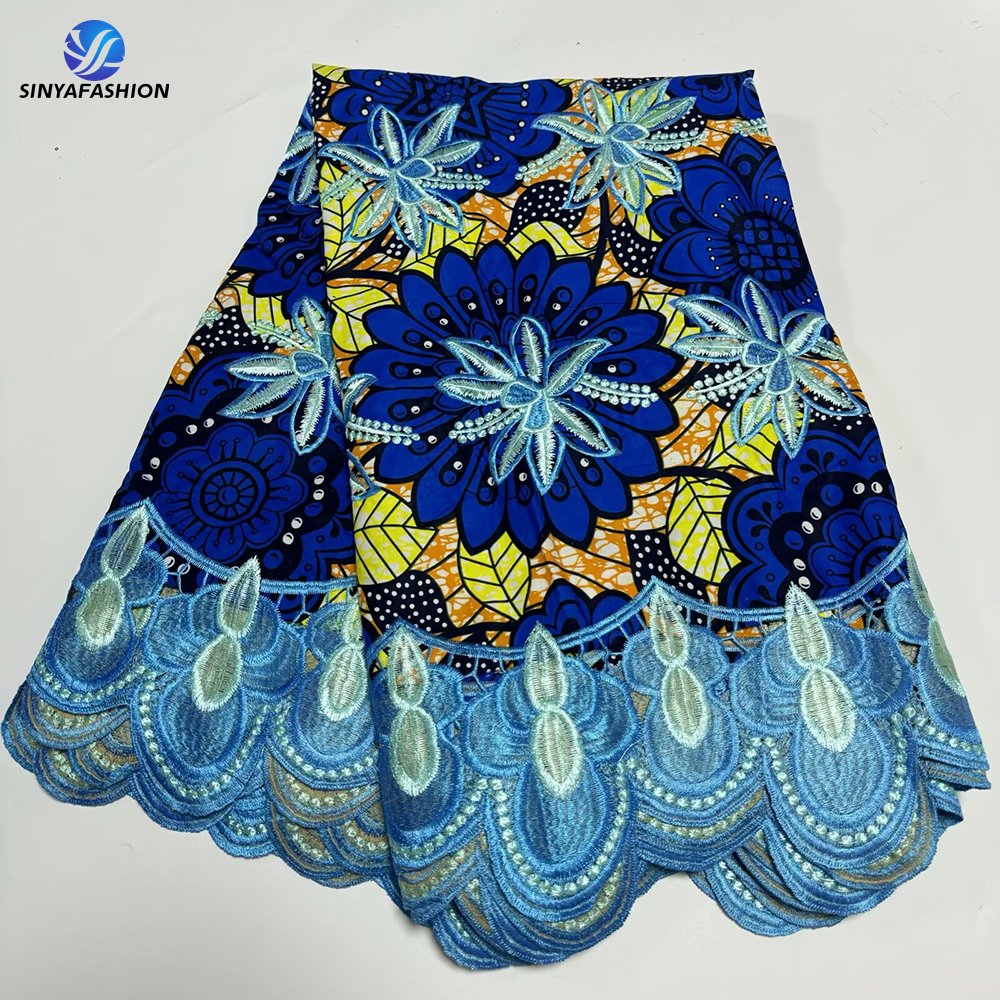 Sinya Wholesale Embroidery Guipure Cord Lace With Ankara Wax Prints Fabrics African 6 Yards/Pcs