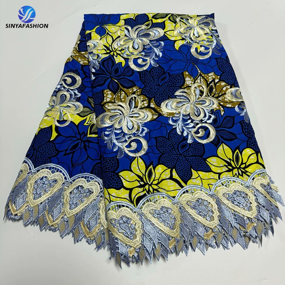 Sinya Wholesale Embroidery Guipure Cord Lace With Ankara Wax Prints Fabrics African 6 Yards/Pcs
