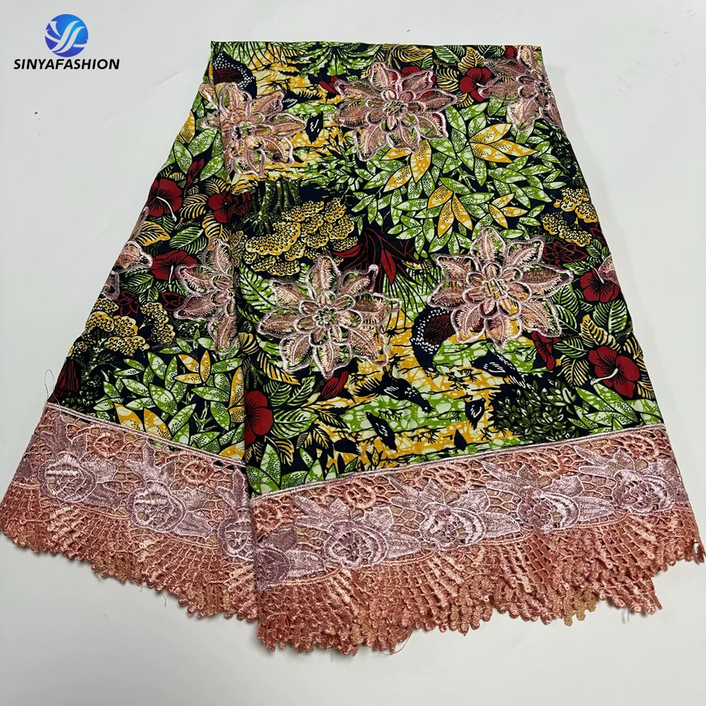 Sinya Wholesale Embroidery Guipure Cord Lace With Ankara Wax Prints Fabrics African 6 Yards/Pcs