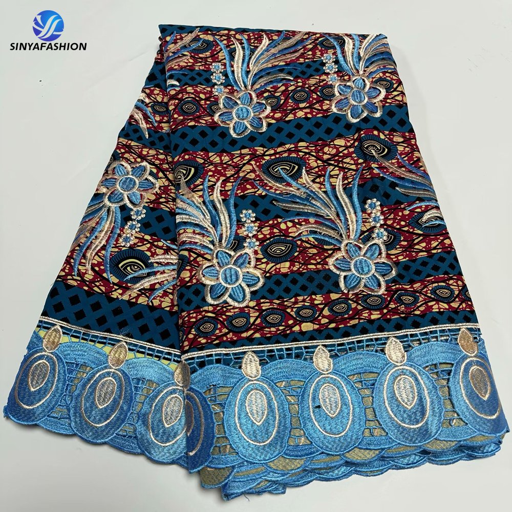 Sinya Wholesale Embroidery Guipure Cord Lace With Ankara Wax Prints Fabrics African 6 Yards/Pcs