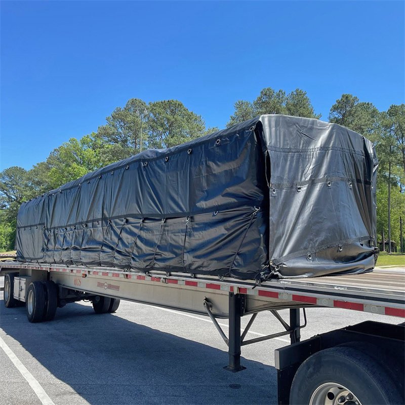 Wholesale 15oz Ripstop Flatbed Truck Lumber Trailer Steel Tarp with 8" Rain Flaps Custom Waterproof PVC Tarpaulin