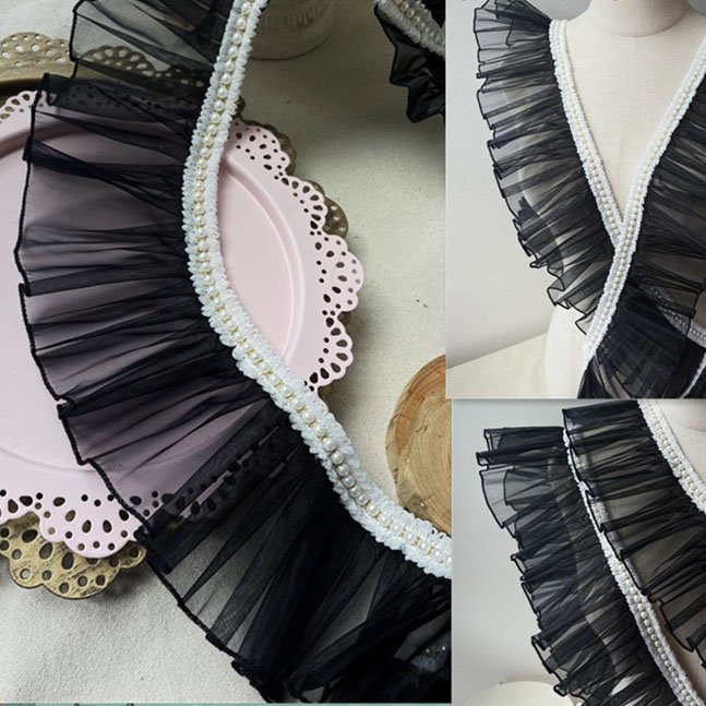 9CM Wide Organza Tulle Wed Fabric Ribbon Frills Needlework Glitter Beaded Fringe Lace Ruffle Trim Wedding Dress Sewing DIY Craft