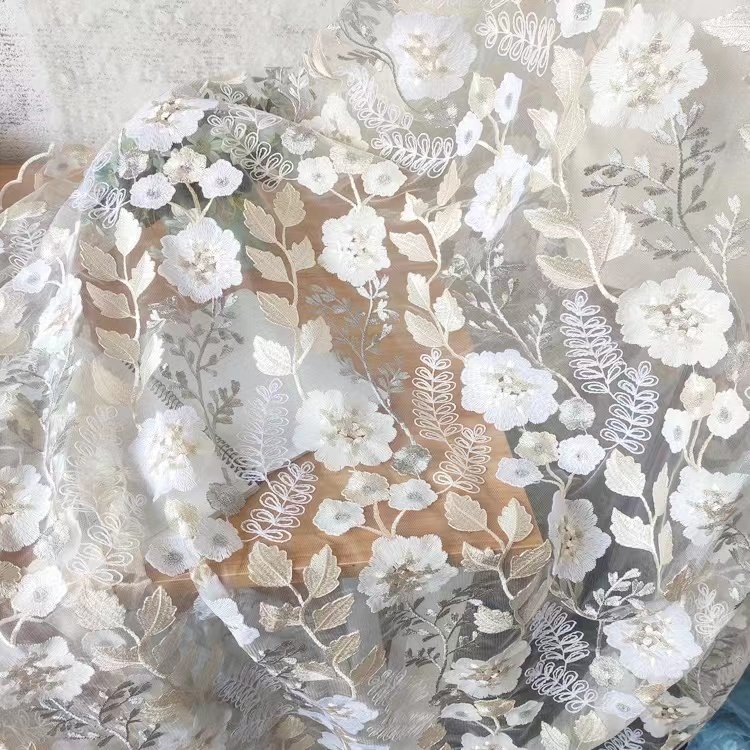 High Quality Beautiful textile DIY wedding dress design 3d flower net embroidery fabric