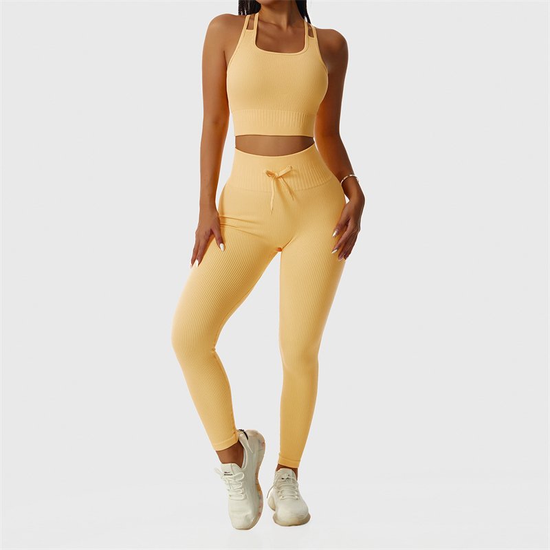 Yoga Set With Tank Top Ribbed Seamless Yoga Set Sports Gym Wear Yellow Yoga Gym Fitness Sets