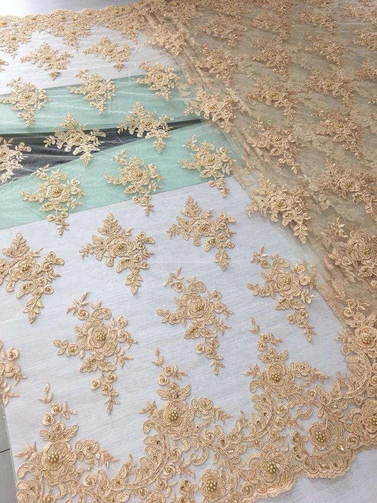 new arrival gold embroidery cord lace with hand pearls sequin beaded tulle lace fabric for dress, fancy stock lot fabric