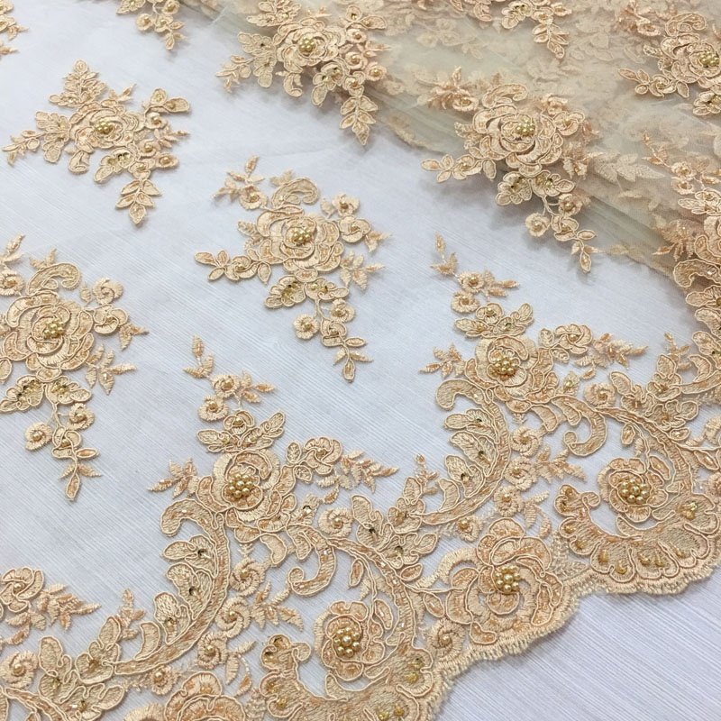 new arrival gold embroidery cord lace with hand pearls sequin beaded tulle lace fabric for dress, fancy stock lot fabric