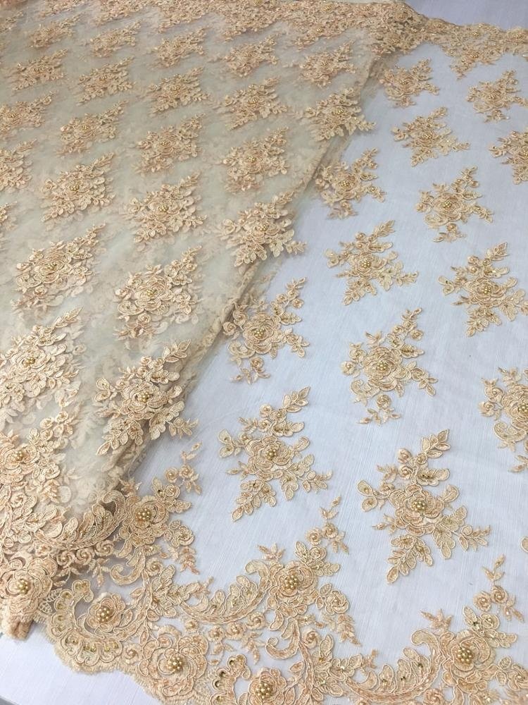 new arrival gold embroidery cord lace with hand pearls sequin beaded tulle lace fabric for dress, fancy stock lot fabric