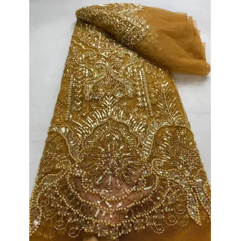 YZ Wholesale Embroidery Fabric Good Price Luxury Shiny Tulle Bead Embroidered Lace White Pearl Lace Fabric For Wedding Dresses