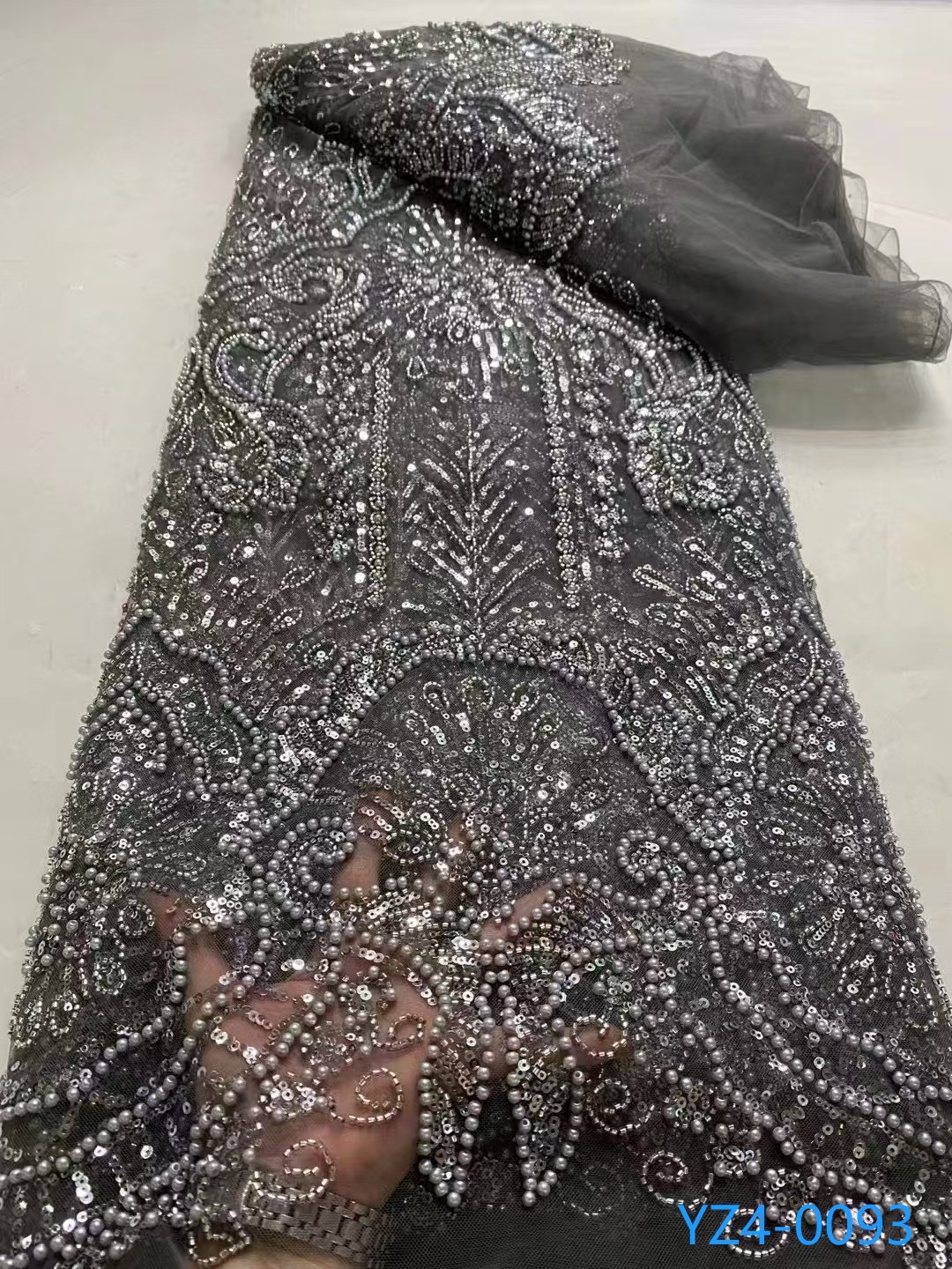YZ Wholesale Embroidery Fabric Good Price Luxury Shiny Tulle Bead Embroidered Lace White Pearl Lace Fabric For Wedding Dresses