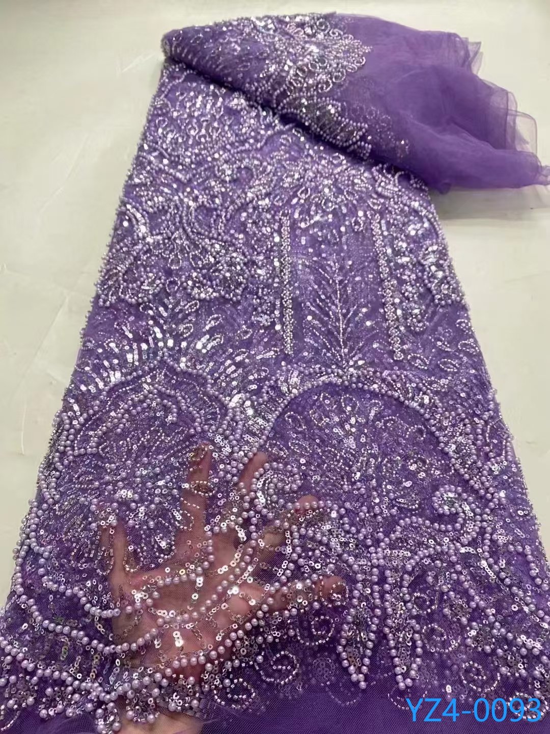 YZ Wholesale Embroidery Fabric Good Price Luxury Shiny Tulle Bead Embroidered Lace White Pearl Lace Fabric For Wedding Dresses