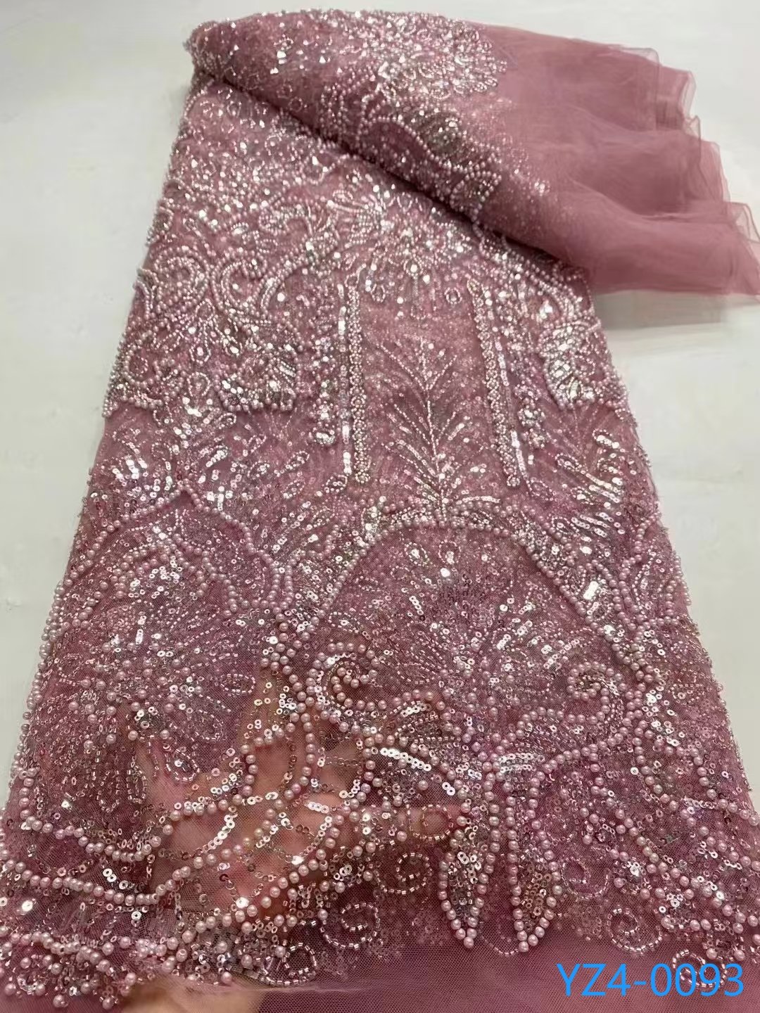 YZ Wholesale Embroidery Fabric Good Price Luxury Shiny Tulle Bead Embroidered Lace White Pearl Lace Fabric For Wedding Dresses