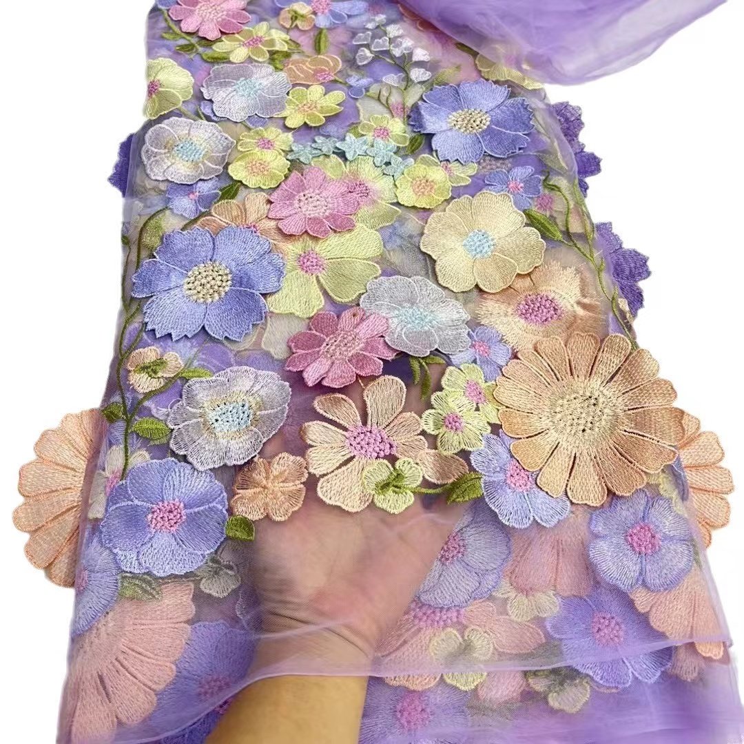 Fashion Custom Wholesale Design Bridal Embroidery Tulle Wedding Dress Net Applique Mesh Floral 3D Flower Lace Fabric