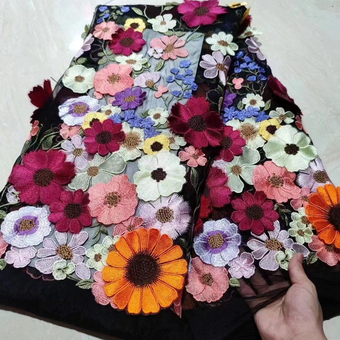 Fashion Custom Wholesale Design Bridal Embroidery Tulle Wedding Dress Net Applique Mesh Floral 3D Flower Lace Fabric