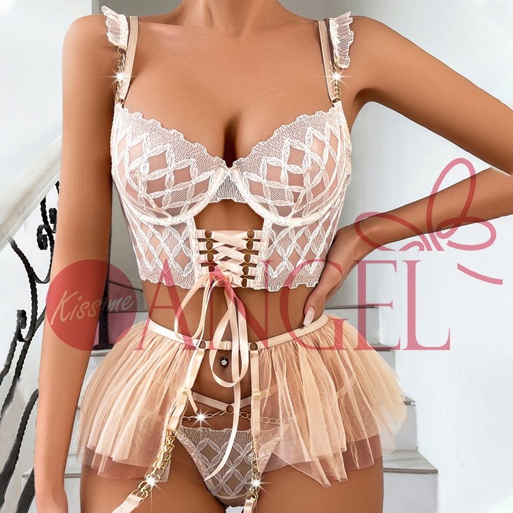 KISS ME ANGEL sale products fashion diamond check embroidery sexy lace mesh shaggy skirt sexy women underwear set