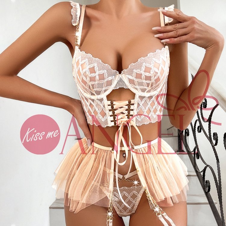 KISS ME ANGEL sale products fashion diamond check embroidery sexy lace mesh shaggy skirt sexy women underwear set