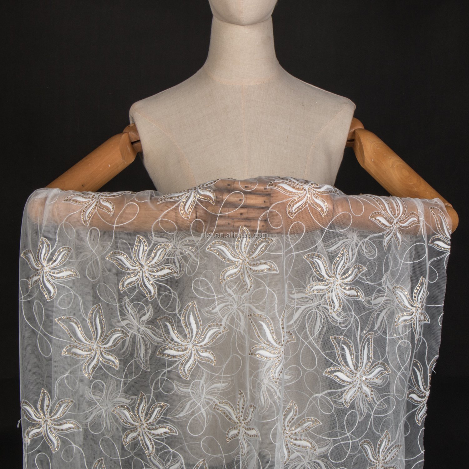 Hot Sale Recycled Tulle Sequin Embroidery Fabric Breathable Jacquard Flower Mesh Fabric