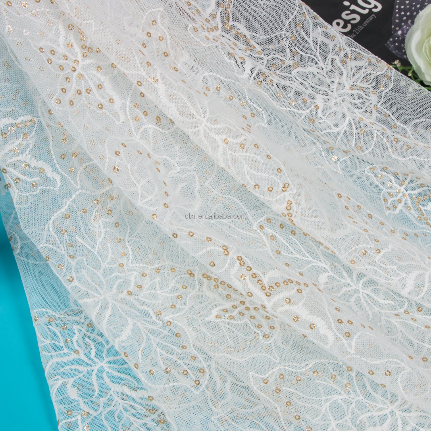 Hot Sale Recycled Tulle Sequin Embroidery Fabric Breathable Jacquard Flower Mesh Fabric