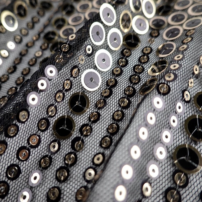 New Products Black Knit Metallic Paillette Metal Gold Sequin Mesh Embroidery Fabric for Evening Dress