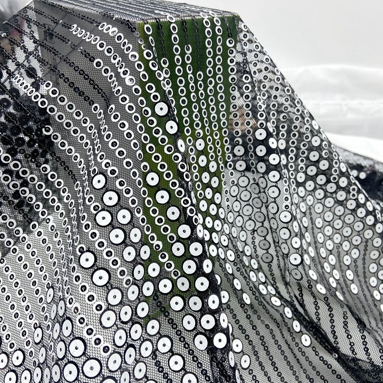 New Products Black Knit Metallic Paillette Metal Gold Sequin Mesh Embroidery Fabric for Evening Dress