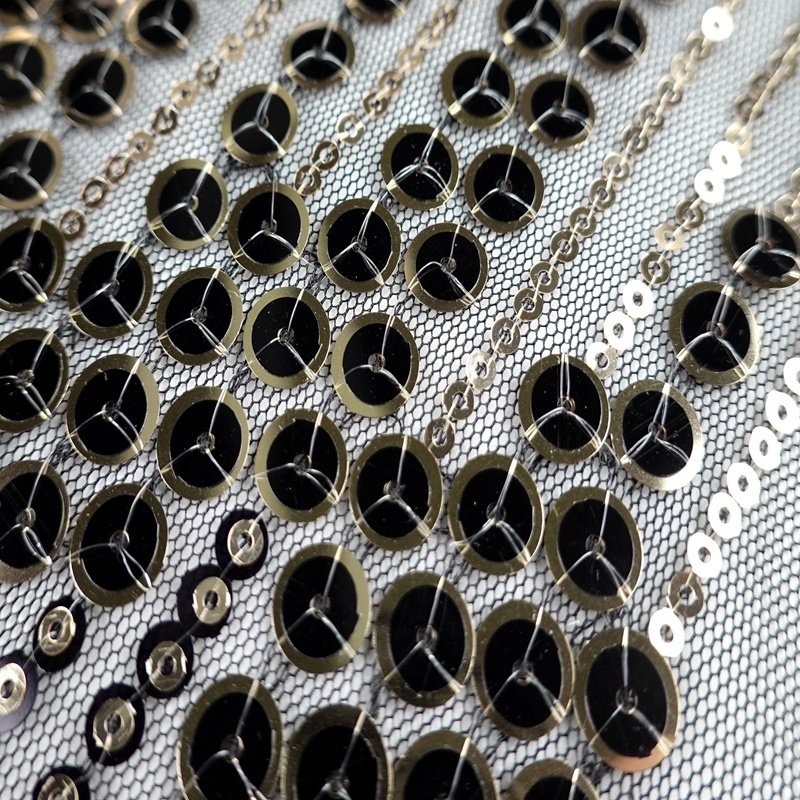 New Products Black Knit Metallic Paillette Metal Gold Sequin Mesh Embroidery Fabric for Evening Dress