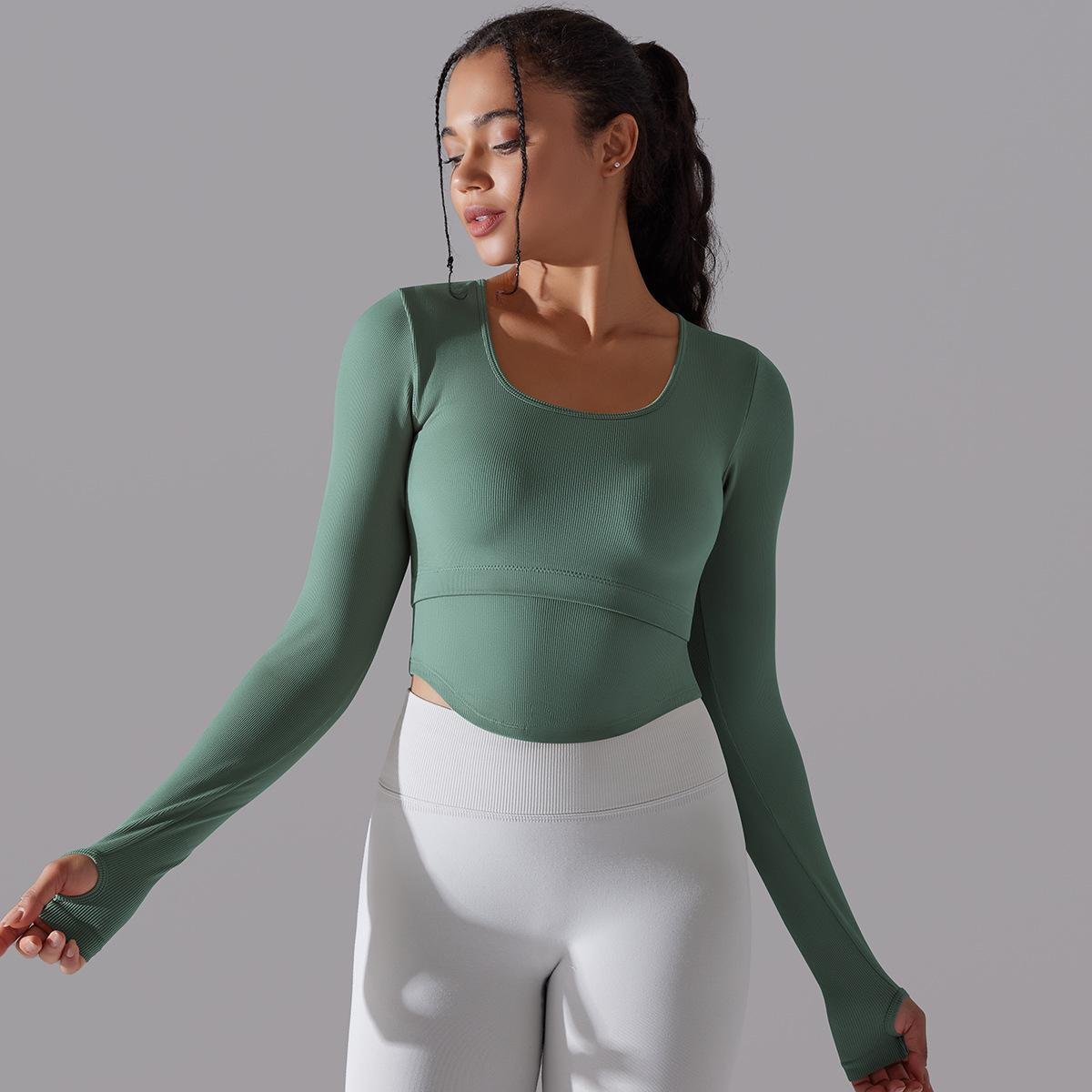 Wholesale Popular Long Sleeve Yoga Tank Top Knit Rib Nylon Sport Bra Top Women Yoga Tops Shirt