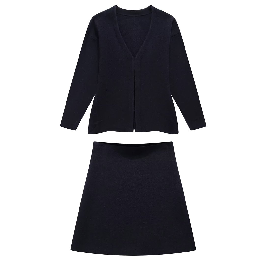 Spring Latest Design Woollen Ribbed Button Cardigan Mini Dress Knitted Two Piece Set Skirt