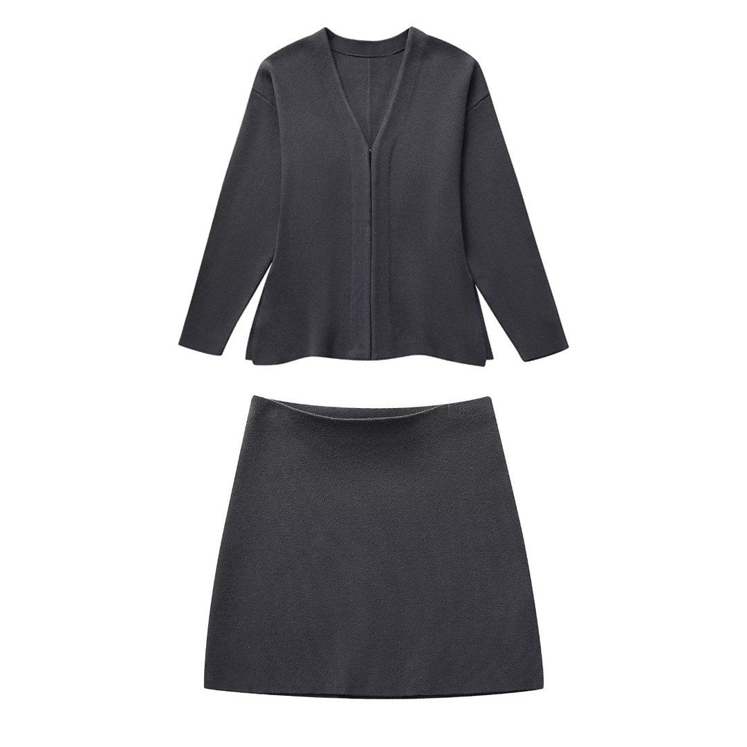 Spring Latest Design Woollen Ribbed Button Cardigan Mini Dress Knitted Two Piece Set Skirt