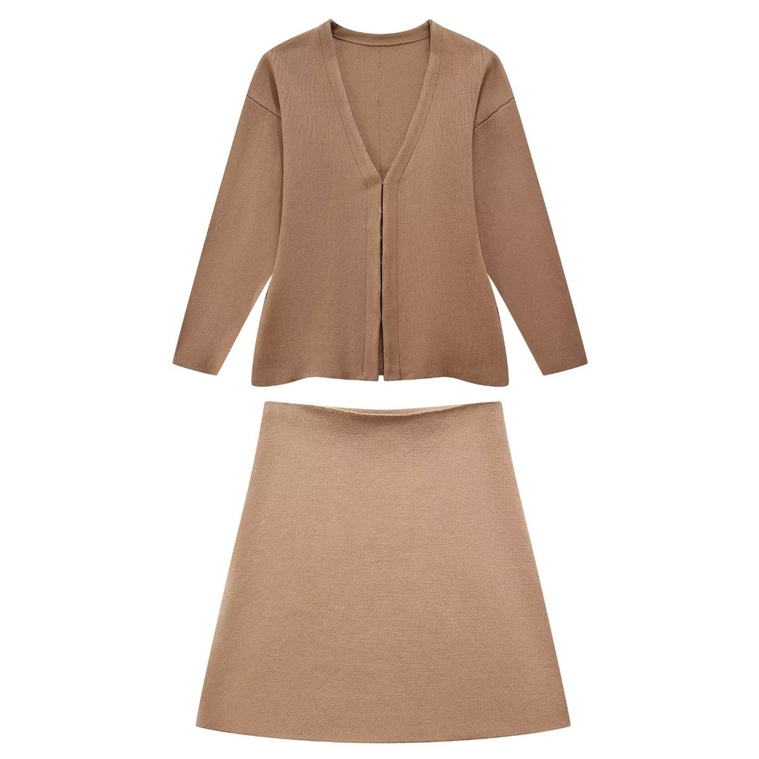 Spring Latest Design Woollen Ribbed Button Cardigan Mini Dress Knitted Two Piece Set Skirt