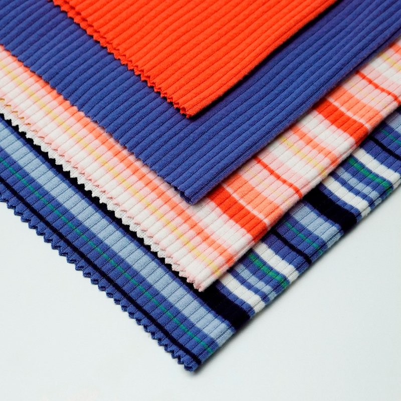 High quality ribbed stretch polyester rayon knitted yarn dye striped soft brushed 4*2 rib fabric for tops
