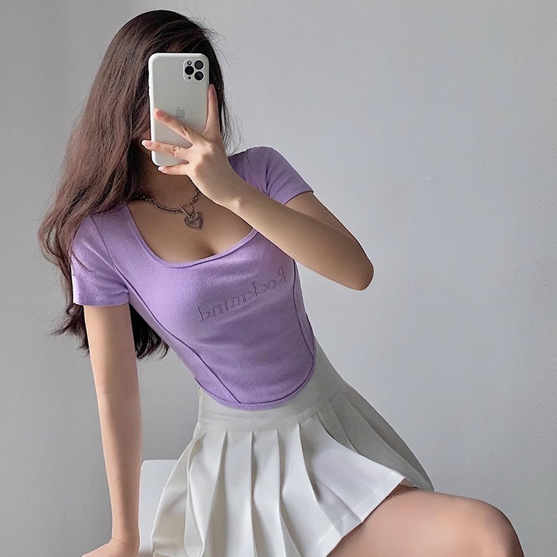 Popular Product Summer Women's Rib Fabric Short Sleeve Pink Crop T Shirt Custom Baby Tee Y2K Blank