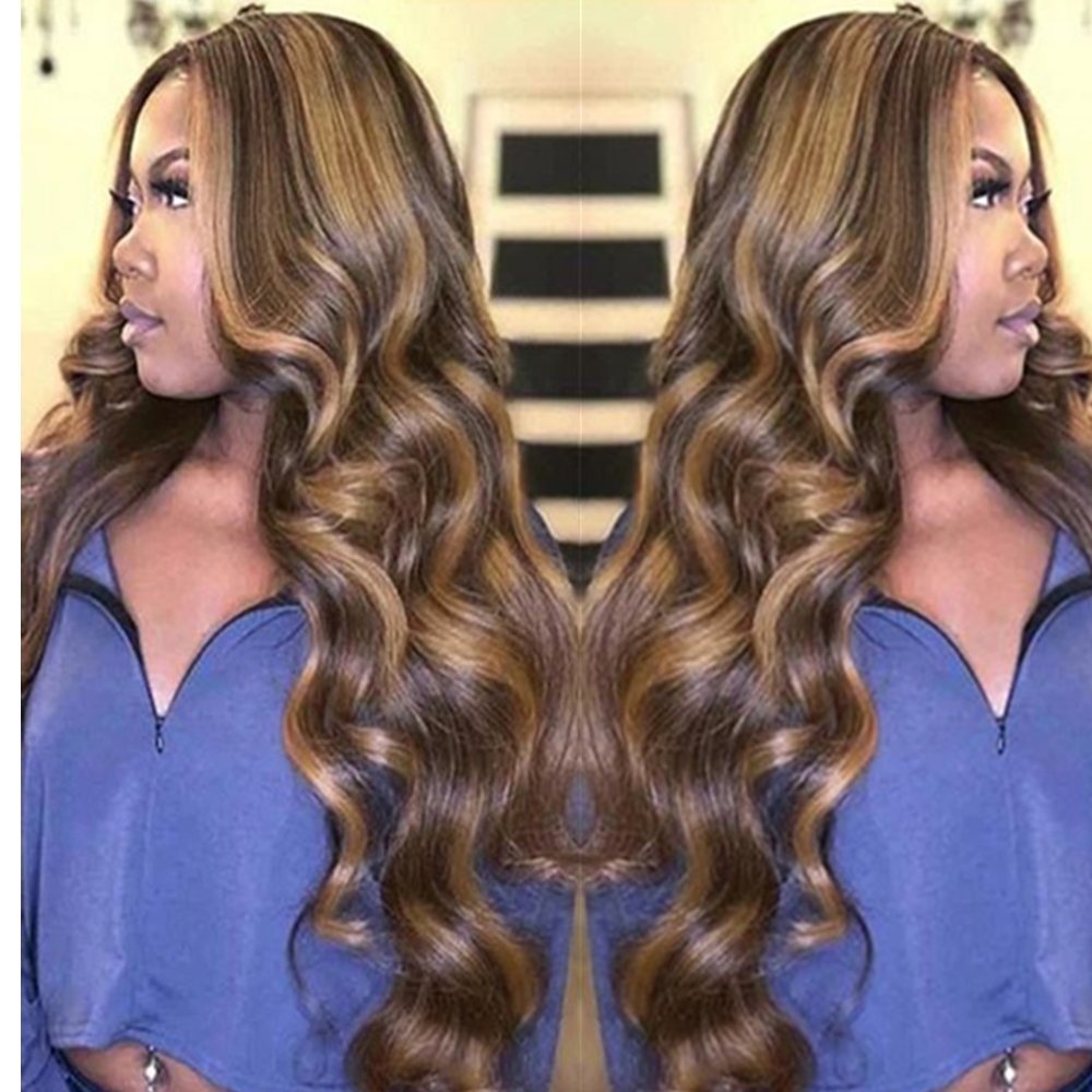 Synthetic Ombre Blonde Highlight With Black Colored With Baby Hair Highlight Lace Front Wigs Body Wave Lace Frontal Wigs