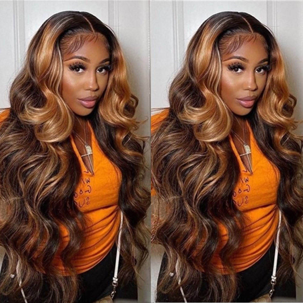 Synthetic Ombre Blonde Highlight With Black Colored With Baby Hair Highlight Lace Front Wigs Body Wave Lace Frontal Wigs