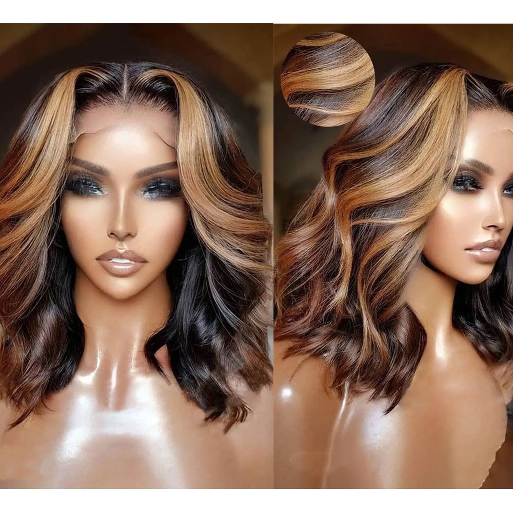 Synthetic Ombre Blonde Highlight With Black Colored With Baby Hair Highlight Lace Front Wigs Body Wave Lace Frontal Wigs