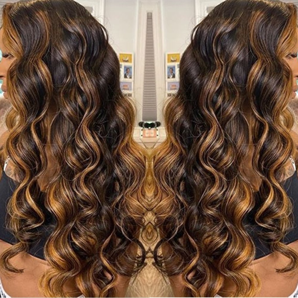 Synthetic Ombre Blonde Highlight With Black Colored With Baby Hair Highlight Lace Front Wigs Body Wave Lace Frontal Wigs
