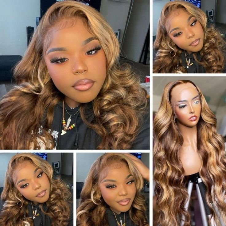 Synthetic Ombre Blonde Highlight With Black Colored With Baby Hair Highlight Lace Front Wigs Body Wave Lace Frontal Wigs