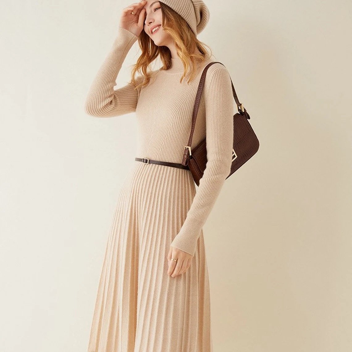 Ladies real 100% pure cashmere dress pleated skirt slim fit maxi rib knitting customized dress for women