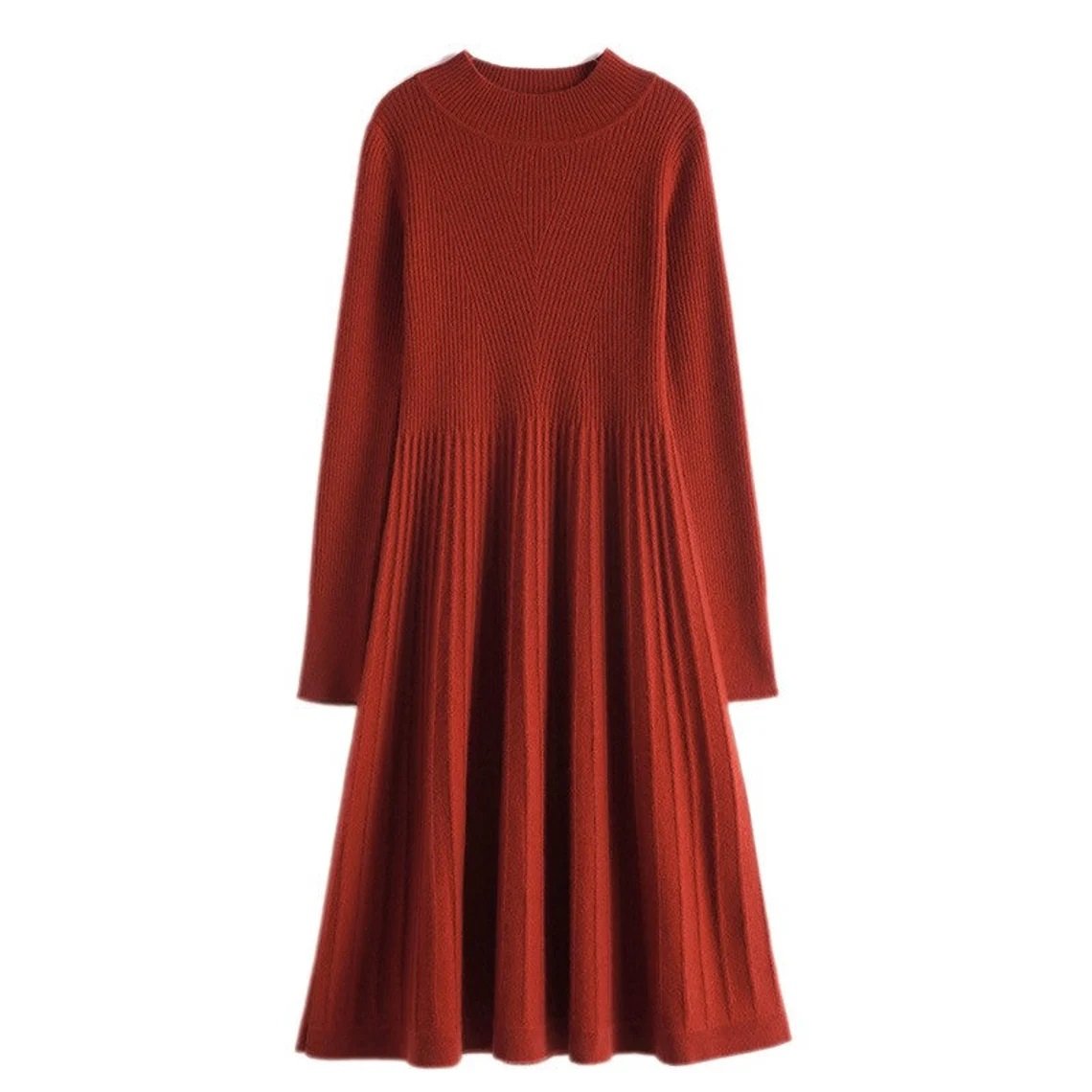 Ladies real 100% pure cashmere dress pleated skirt slim fit maxi rib knitting customized dress for women