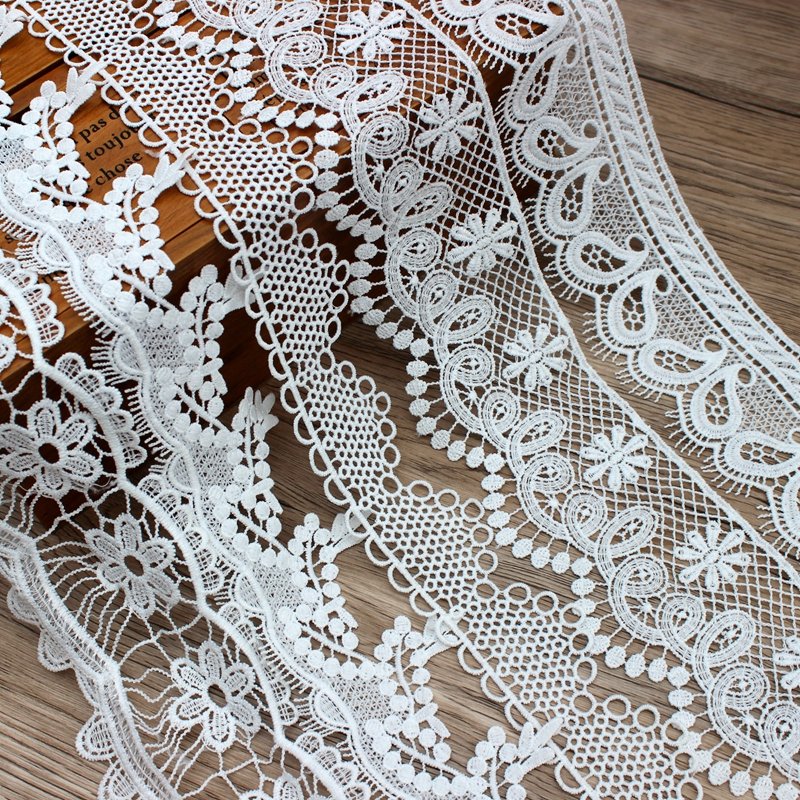 Zeal Luxury Delicate Cotton Ribbon Trim White with Black Hollow Lace Embroidery Water Soluble for Garment Dress Curtains DIY