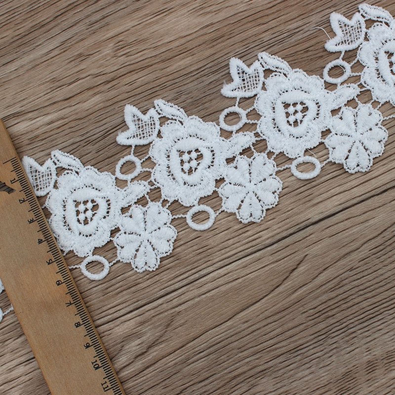 Zeal Luxury Delicate Cotton Ribbon Trim White with Black Hollow Lace Embroidery Water Soluble for Garment Dress Curtains DIY
