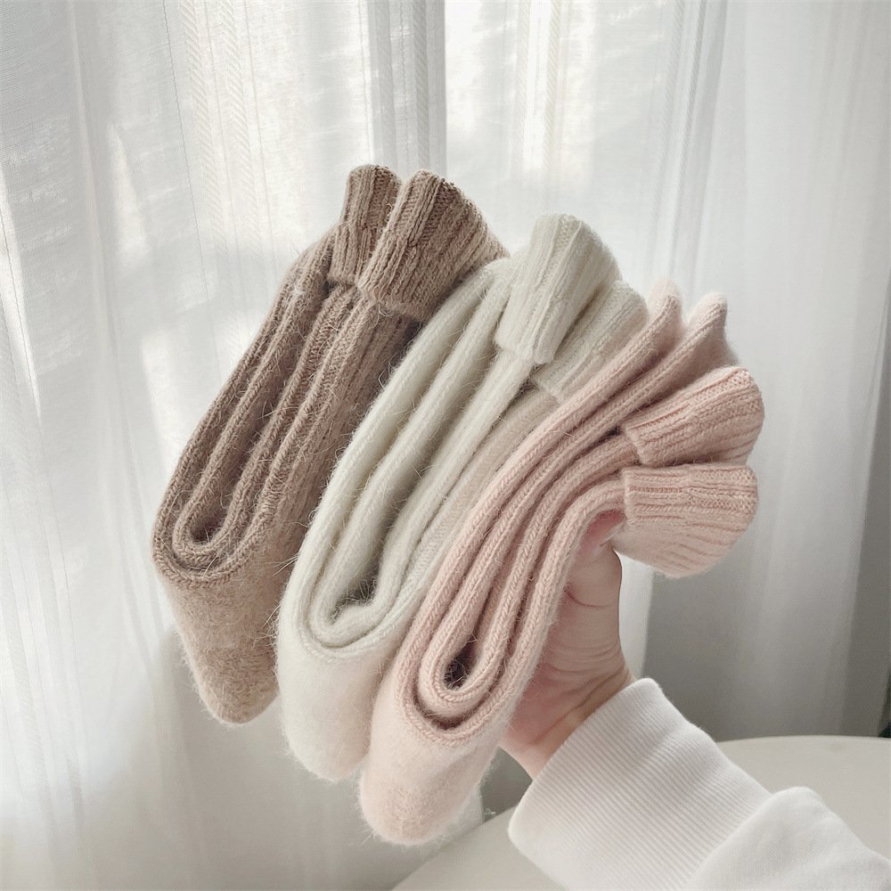 Custom women's stockings thick thermal autumn winter Solid color double needle crew slouch angora rabbit wool socks for woman