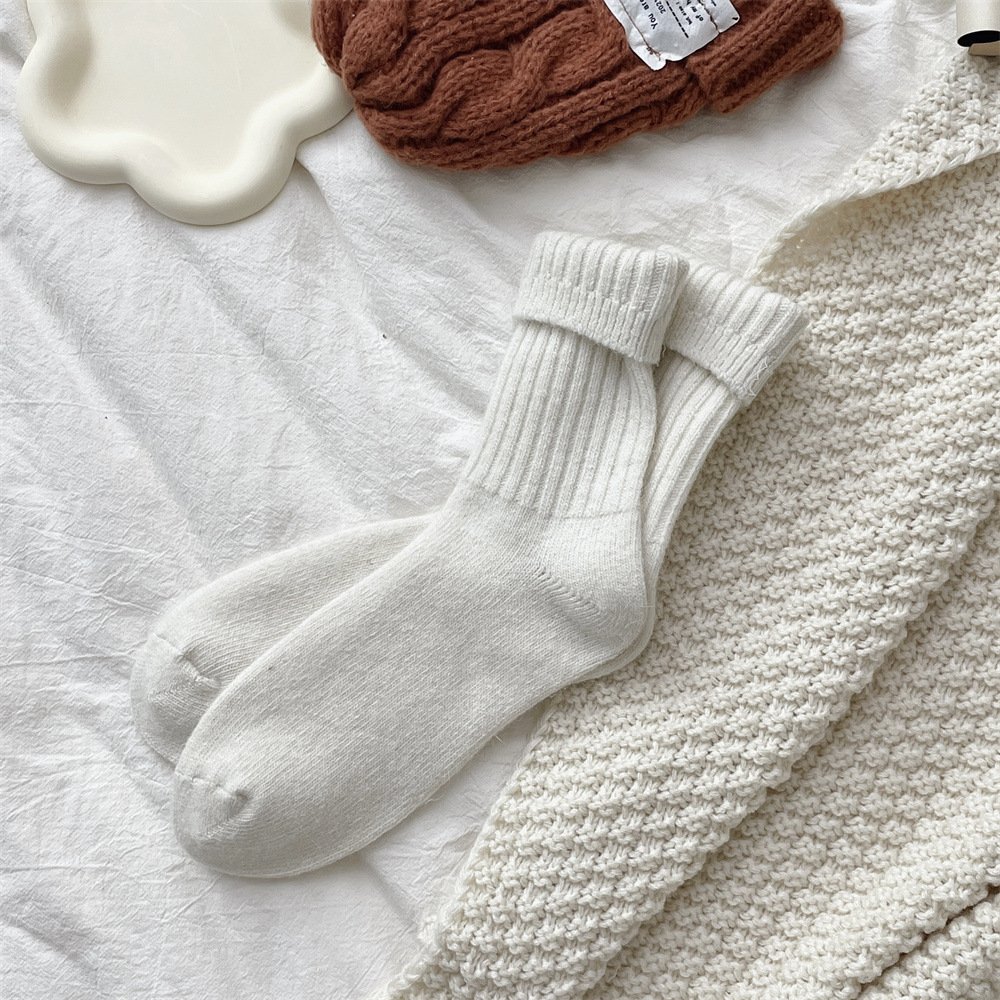 Custom women's stockings thick thermal autumn winter Solid color double needle crew slouch angora rabbit wool socks for woman